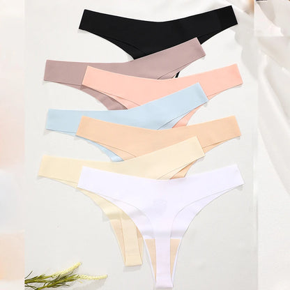 FINETOO 6PCS Seamless Ice Silk Thongs for Women – Breathable T-Back Crotch Briefs, Sexy Solid Tanga Lingerie in 10 Colors