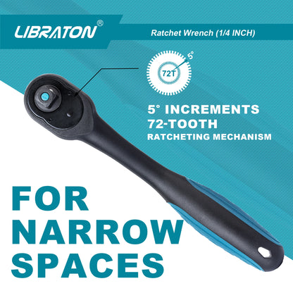 Libraton 1/4 Inch Ratchet Handle – Teardrop Head, Quick-Release, Comfort Grip, 1-Pack