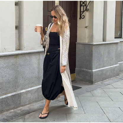 Women’s Sparkly Sequin Maxi Coat – Luxury Open Front Long Sleeve Outerwear