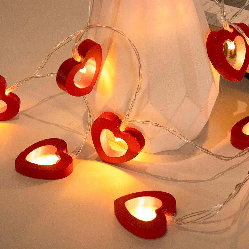 Romantic 10-Piece Valentine's Day Wooden Heart String Lights - LED Fairy Lights for Charming Love Lamp Garland, Perfect for Valentine's Day and Wedding Decor