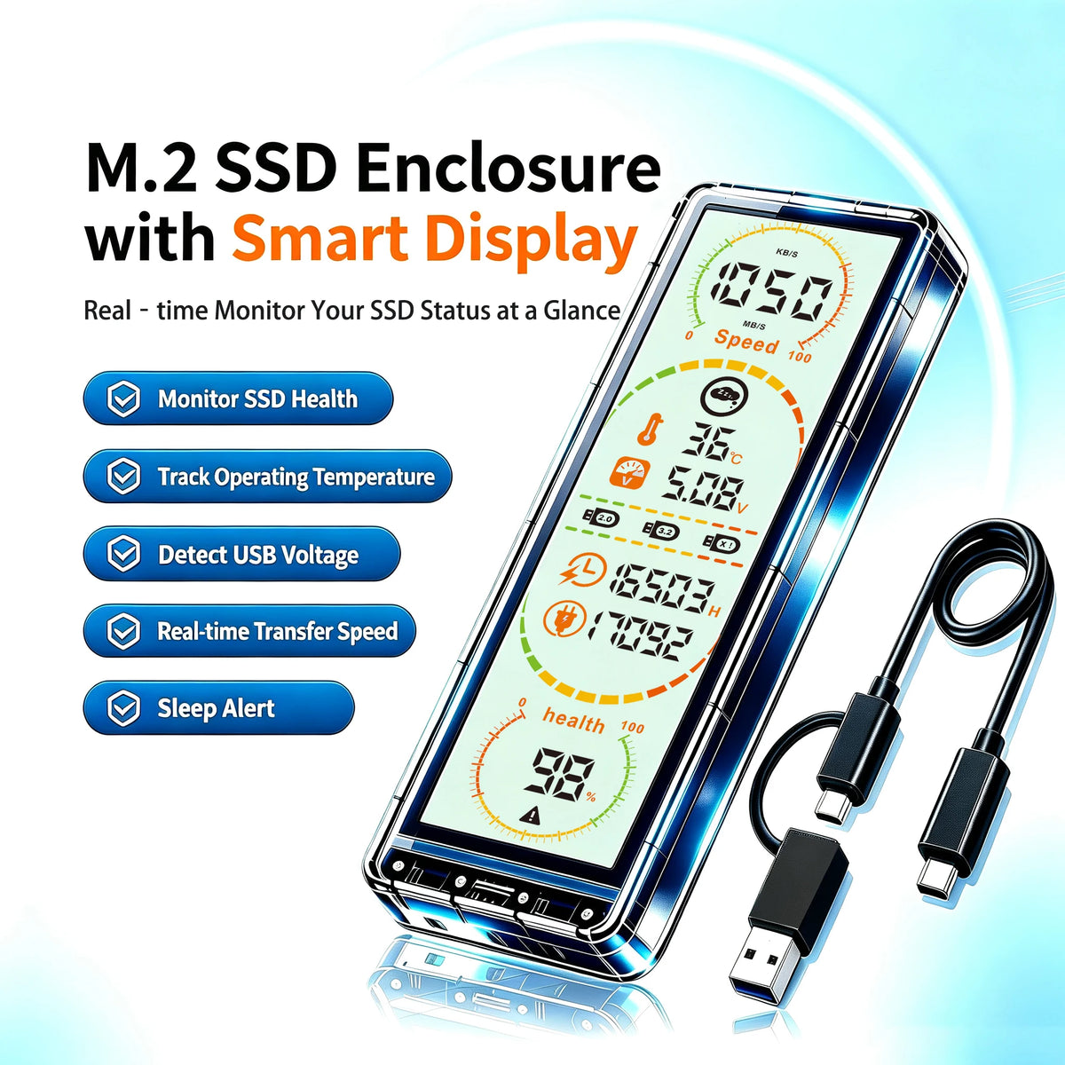 10Gbps M.2 SSD Enclosure - USB 3.2 Gen2 Type-C External Case with Smart Display for NVMe & SATA Drives