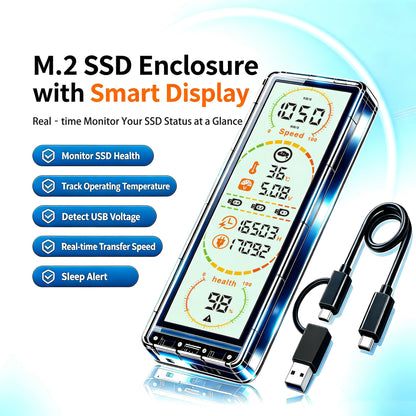 10Gbps M.2 SSD Enclosure - USB 3.2 Gen2 Type-C External Case with Smart Display for NVMe & SATA Drives