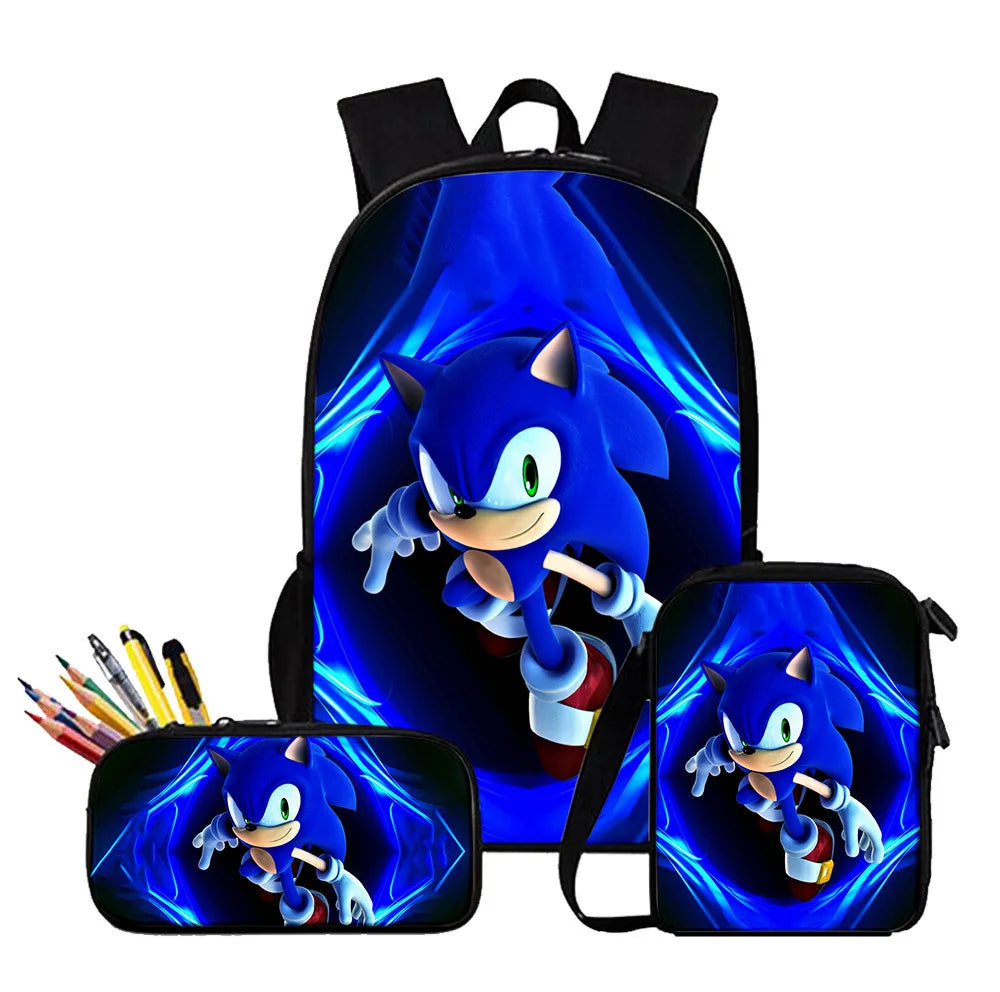 3PC Sonic Backpack School Bag Set – Anime Cartoon Zipper Backpack for Boys & Girls, Primary and Middle School Students