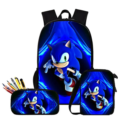 3PC Sonic Backpack School Bag Set – Anime Cartoon Zipper Backpack for Boys & Girls, Primary and Middle School Students