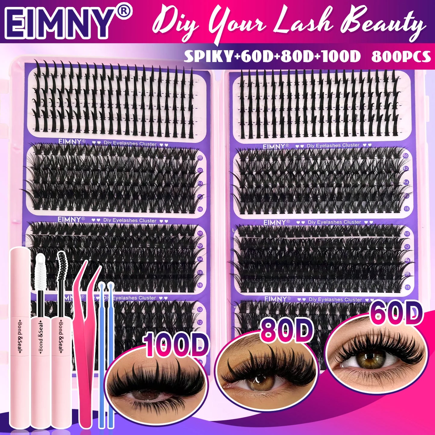 Top & Bottom Lash Extension Kit – 250/740 Cluster Fluffy Volume Mix Lengths DIY Eyelash Set for Bold Bombshell & Natural Lash Looks
