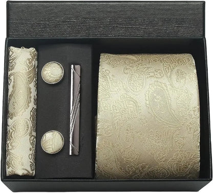 100% Silk Men’s Necktie Set with Paisley Floral Design, Business Tie with Pocket Square, Tie Clip & Cufflinks Gift Box Set for Men