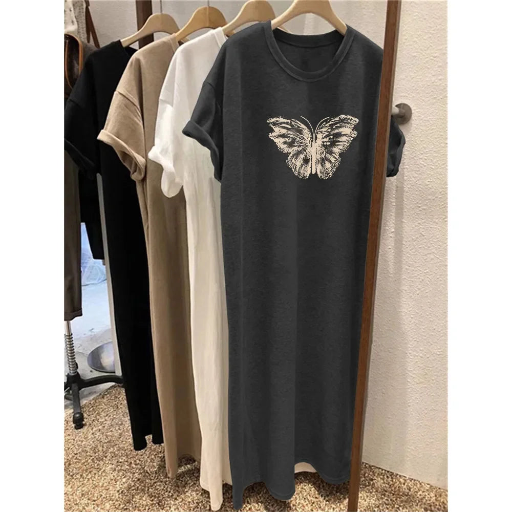 Women's Butterfly Print Summer Dress - Oversized Loose-Fit Short Sleeve Casual Dress