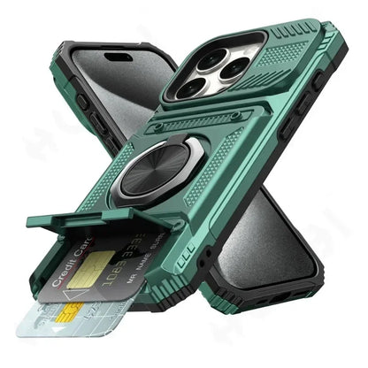 Magnetic Ring Kickstand iPhone Case – Heavy Duty Drop Protection Wallet Cover for iPhone 16/15/14/13/12/11 Pro Max, XS, XR, 8 & 7 Plus