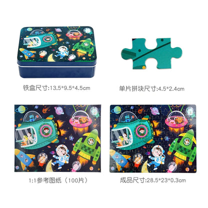 100PCS Kids Wooden Puzzle Set – Cartoon Animal & Vehicle Jigsaw Toys for Early Learning & Parent-Child Play