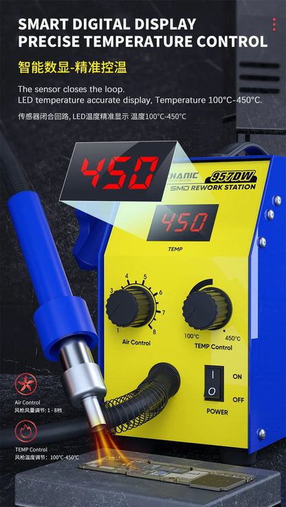 MECHANIC 957DW Soldering & Desoldering Station – Dual-Scroll Hot Air Rework Tool for PCB Mainboard and Tin Soldering