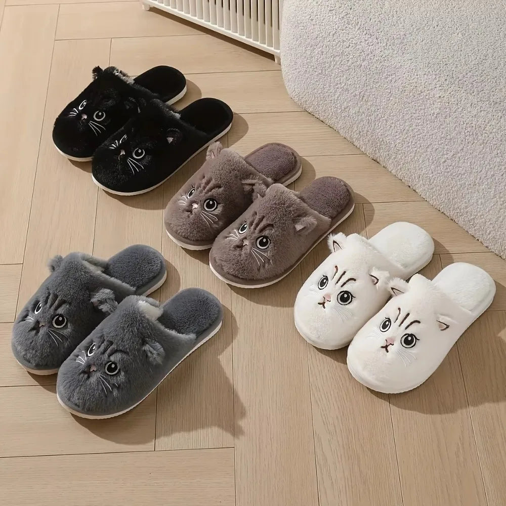 Women’s Plush Cat Slippers - Winter Warm Cozy Indoor House Shoes with Soft Non-Slip EVA Sole