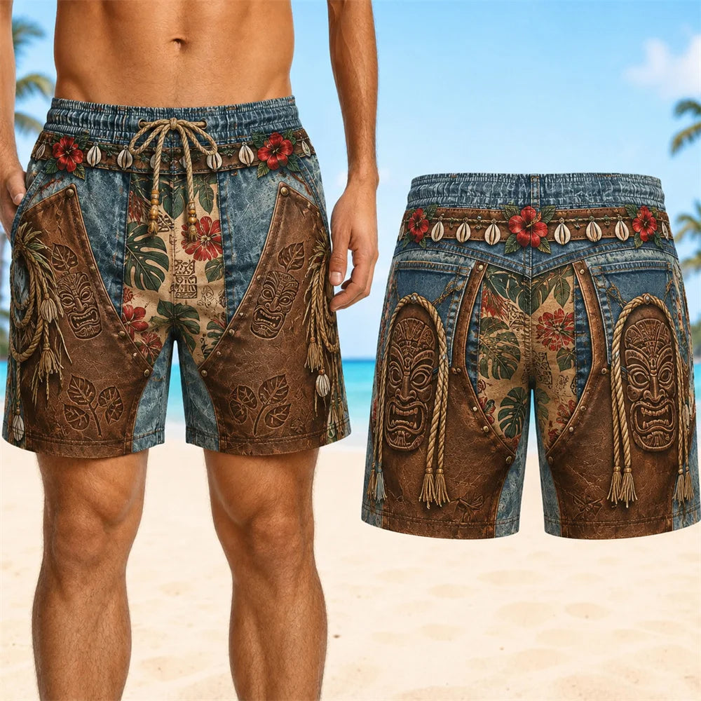 Retro 3D Cowboy Beach Shorts - Men's Quick-Dry Breathable Drawstring Board Shorts