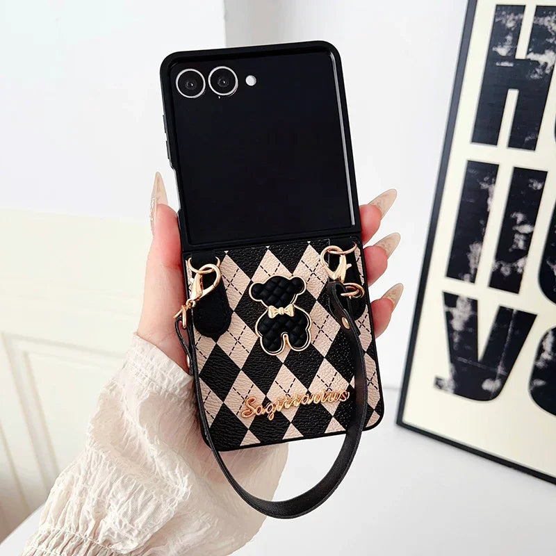 Unique Bear Diamond Pattern Premium Leather Phone Case for Samsung Galaxy Z Flip 7 / 6 / 5 / 4 – Anti-Drop Strap Wrist Protective Foldable Cover