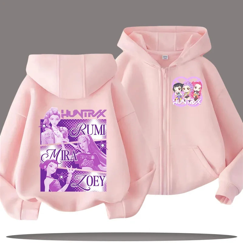 Funny Kpop Demon Hunters Zip-Up Sweatshirt – Kids Hoodie for Girls & Boys, Casual Zipper Hoody Top