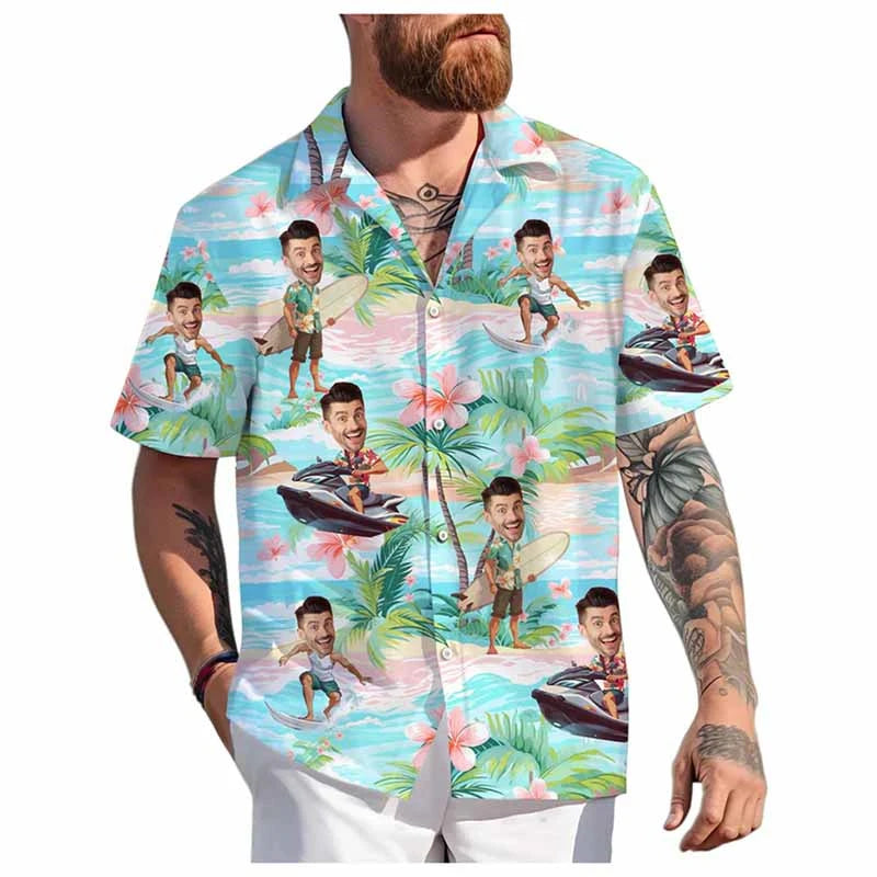 Custom Face Hawaiian Shirt - Personalized 3D Printed Unisex Beach Button-Up Short Sleeve Top