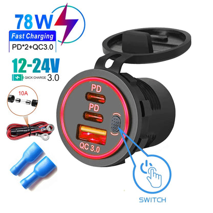 QC3.0 + PD 78W Car Charger Socket Triple USB Type-C Fast Charging Power Adapter with Switch Waterproof 12V/24V Universal Car Charger