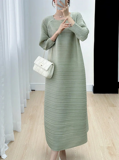 2023 Women's Miyake Pleated Long Dress – Full Sleeve, Round Neck, Korean Fashion, Plus Size Summer Style