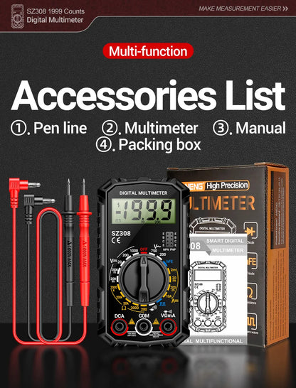 ANENG SZ308 Digital Multimeter – 1999 Count, High-Precision AC/DC Voltage, Current & Resistance Test Tool
