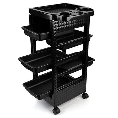 5-Tier Black Salon Rolling Cart – Mobile Hairdressing & Makeup Storage Trolley with Wheels for Nail and Cosmetology Supplies