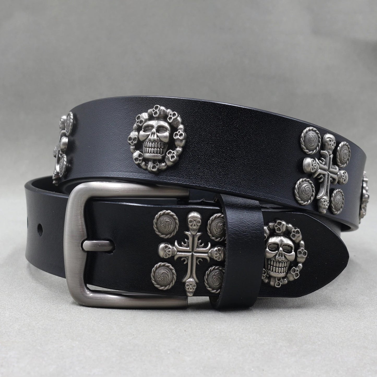 Men’s Designer Rivet Belt – Genuine Cowhide Leather Punk Rock Pin Belt for Jeans, Luxury Black Leather Belt