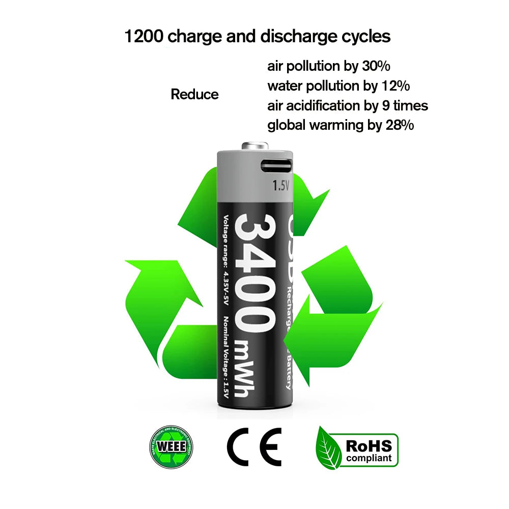 MATOV USB Rechargeable Li-ion AA 3400mWh & AAA 1100mWh 1.5V Batteries Pack