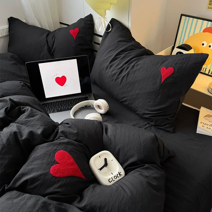 Washed Cotton Bedding Set - Soft Cool Duvet Cover, Bed Sheet & Heart-Shaped Towel Set