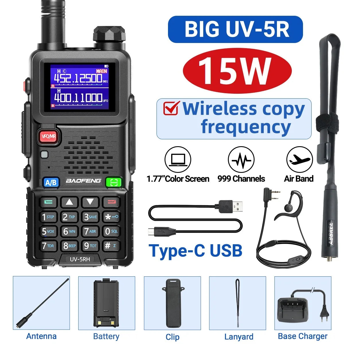Baofeng UV-5RH 10W Air Band Walkie Talkie, Long Range Wireless Two-Way Ham Radio, Type-C UV-5R Transceiver