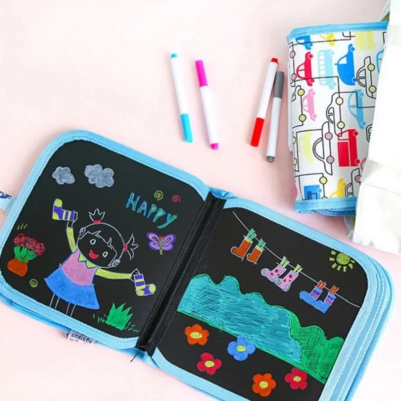Children's Magic Blackboard – Educational Coloring & Drawing Game, 6 Sided Erase Board with 3 Chalk Pens & Water