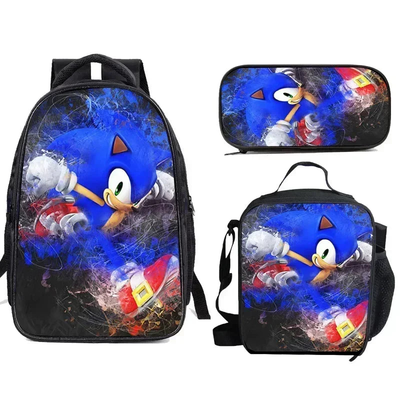 3PC Cartoon School Bag Set – Sonic Lunch Bag, Pencil Case & Backpack for Primary & Middle School Students