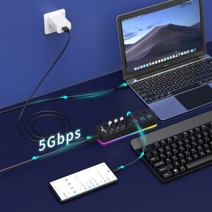 RGB 7-Port USB 3.0 Hub – 5Gbps Data Splitter with Individual On/Off Switch for Laptop & PC Gaming