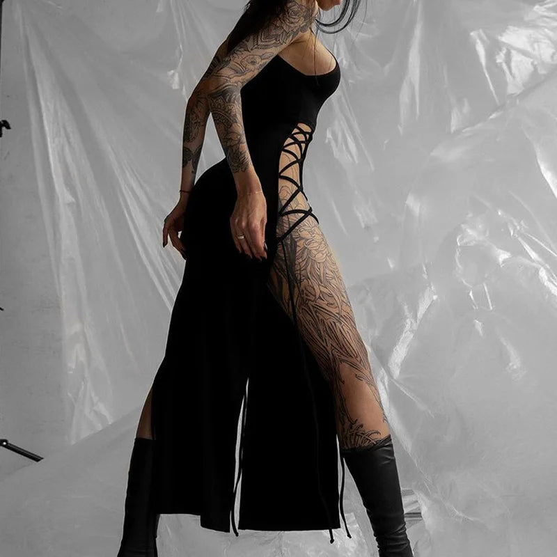 Gothic Dark Cosplay Dress – High Split Y2K Bandage Halter Slim Midi Black Grunge Partywear