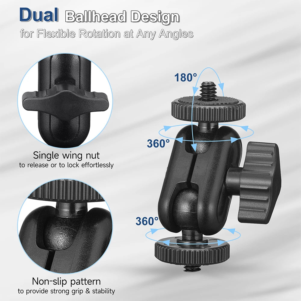Double Ball Heads Magic Arm with 15mm Ball, 360° Rotation, 1/4'' Screw Extend Mount for GoPro, DSLR, Camera, Monitor, Video Light, Mic, Tripod