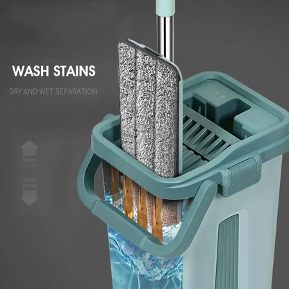 Scratch-Free Flat Mop — Hand Washable Household Wooden Floor Mop with Rotating Bucket, Lazy Mop Design