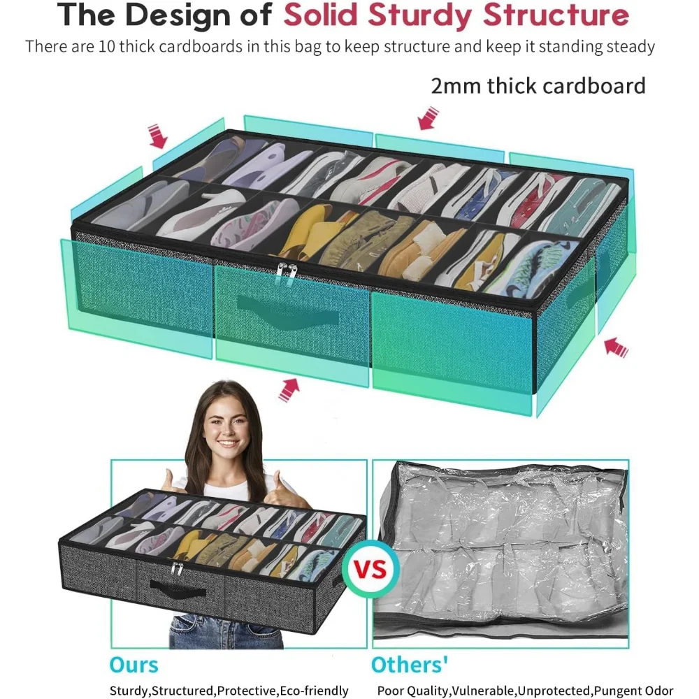 Under-Bed Shoe Storage Organizer Box — Collapsible Closet Container for 12 Pairs with Reinforced Handles