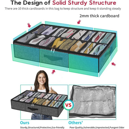 Under-Bed Shoe Storage Organizer Box — Collapsible Closet Container for 12 Pairs with Reinforced Handles