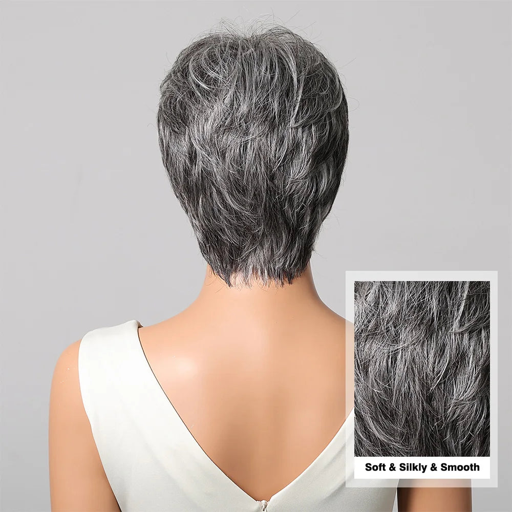 Short Pixie Cut Grey Human Hair Wig – 8 Inch Layered Fashion Wig for Women, Daily Use, Machine Made