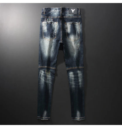 Streetwear Men’s Slim Fit Ripped Jeans – Retro Black & Blue Spliced Denim with Designer Embroidery, Hip Hop Fashion