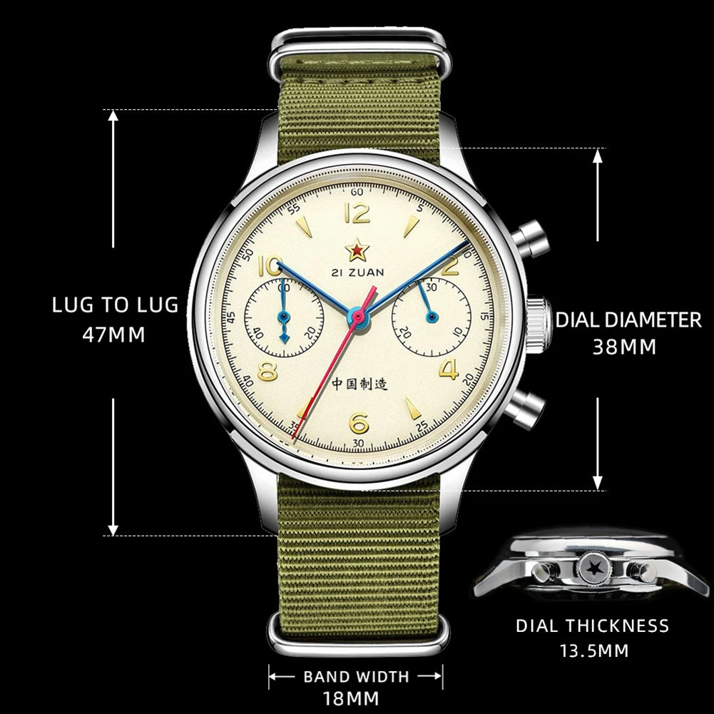 RED STAR 1963 Men's Chronograph Watch - 38mm Pilot Design with Seagull ST1901 Movement & Sapphire Glass