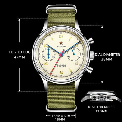RED STAR 1963 Men's Chronograph Watch - 38mm Pilot Design with Seagull ST1901 Movement & Sapphire Glass