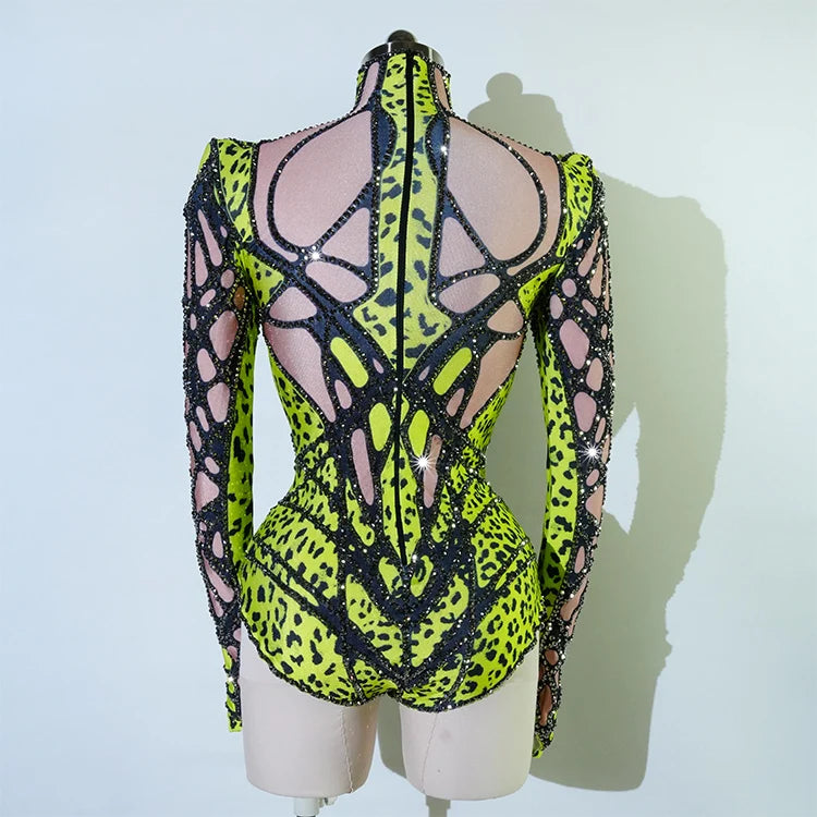Sexy Sparkly Green Rhinestone Bodysuit – Stage Dance Costume for Party, Bar Show, Drag Queen, Cosplay & Halloween