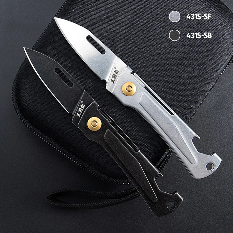SANRENMU 431S Folding Pocket Knife – 12C27 Blade, Portable EDC Outdoor Camping Knife with Bottle Opener and Keychain Hole