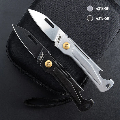 SANRENMU 431S Folding Pocket Knife – 12C27 Blade, Portable EDC Outdoor Camping Knife with Bottle Opener and Keychain Hole