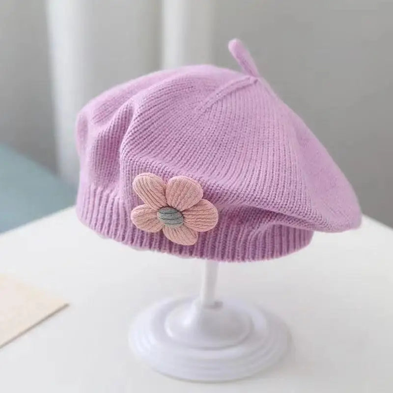 Flower Baby Beret Hat – Winter Warm Knitted Beanie for Infant & Toddler Girls, Korean Princess Artist Painter Cap Solid Color