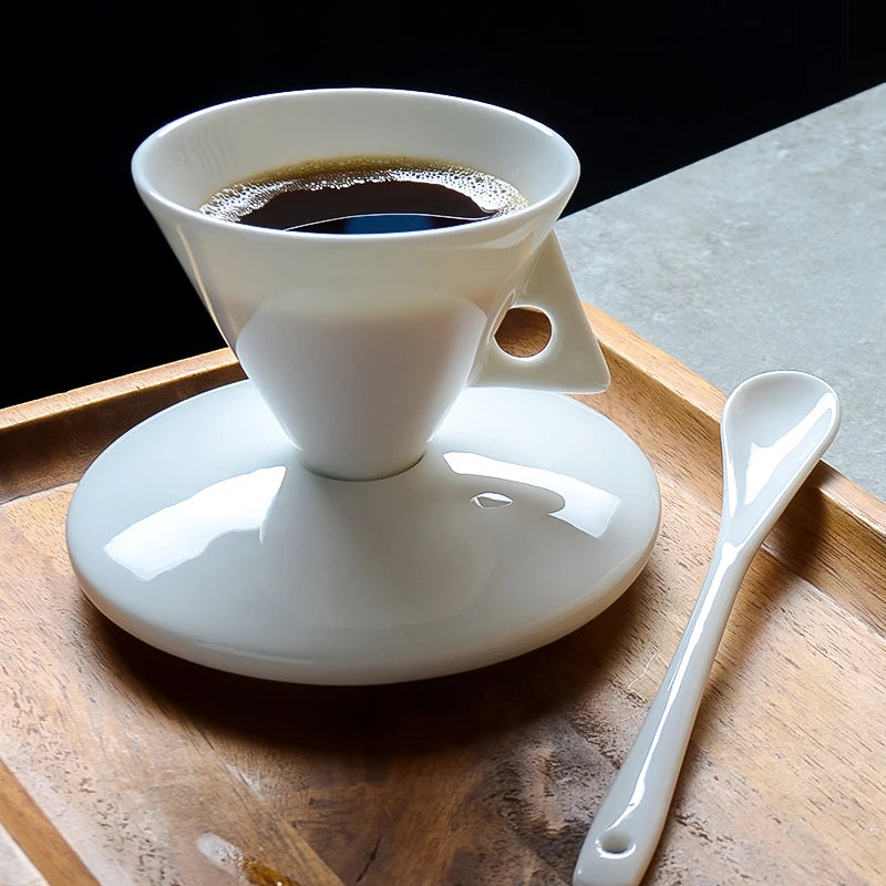 Hand-Brewed Bone China Coffee Cups & Saucers Set: Espresso Share Ins Style with Spoon - Exquisite High-Value Small Cup