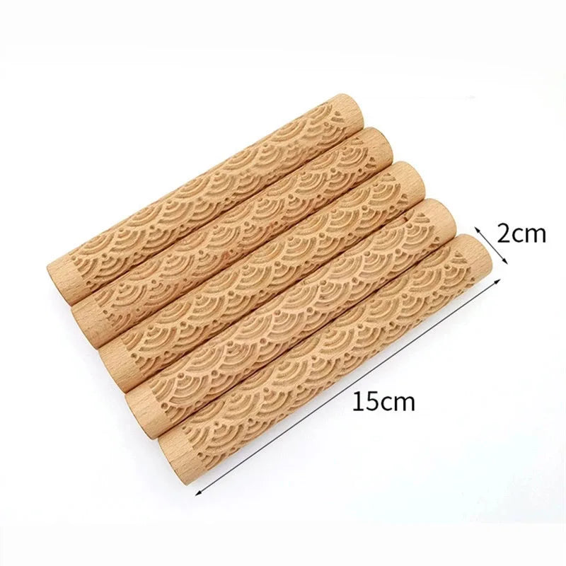 3D Embossed Pottery Rolling Pin - Wooden Hand Pressure Roller for Baking, Pie, and Cookie Making, Handmade Kitchen Tools