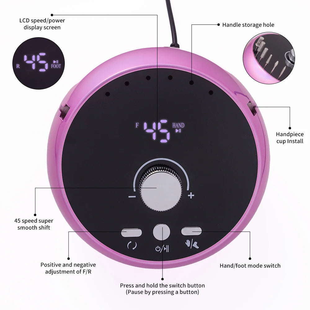 Professional 45000RPM Electric Nail Drill Machine – Manicure Sander for Gel & Cuticle Removal, White/Pink/Purple