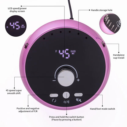 Professional 45000RPM Electric Nail Drill Machine – Manicure Sander for Gel & Cuticle Removal, White/Pink/Purple