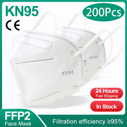10-200pcs FFP2 KN95 Face Masks – 5-Layer Reusable Black Surgical Mask, Certified Protective Mascarillas