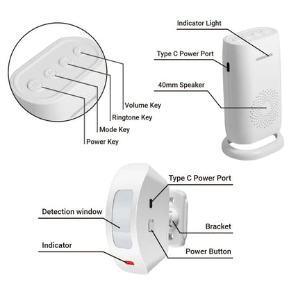 Wireless PIR Motion Sensor Doorbell - 110dB Welcome Chime Alarm with Split Design for Home, Shop and Store Security