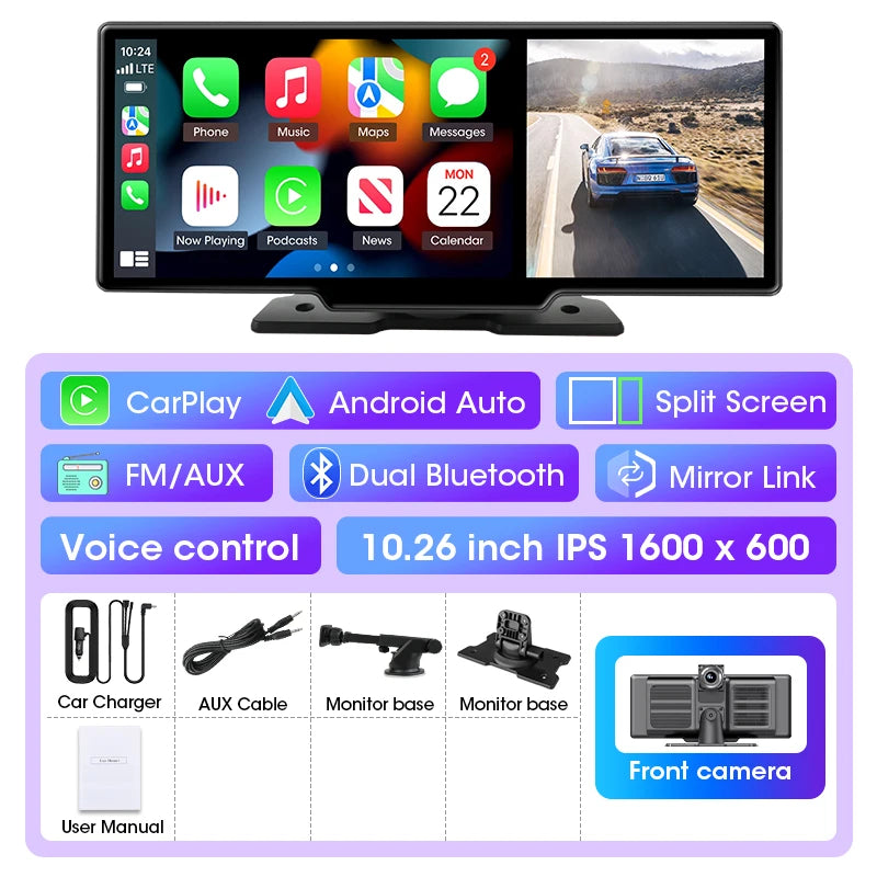 11.26-inch 4K Car DVR Dash Cam – Dual Lens Wireless CarPlay & Android Auto, GPS Navigation, 5G WiFi, FM, AUX Video Recorder Monitor